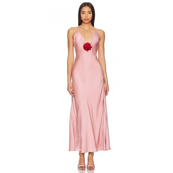 Bardot Dresses & Skirts - Bardot Aradia Pink Silk Halter Neck Maxi Dress Red Rose Accent